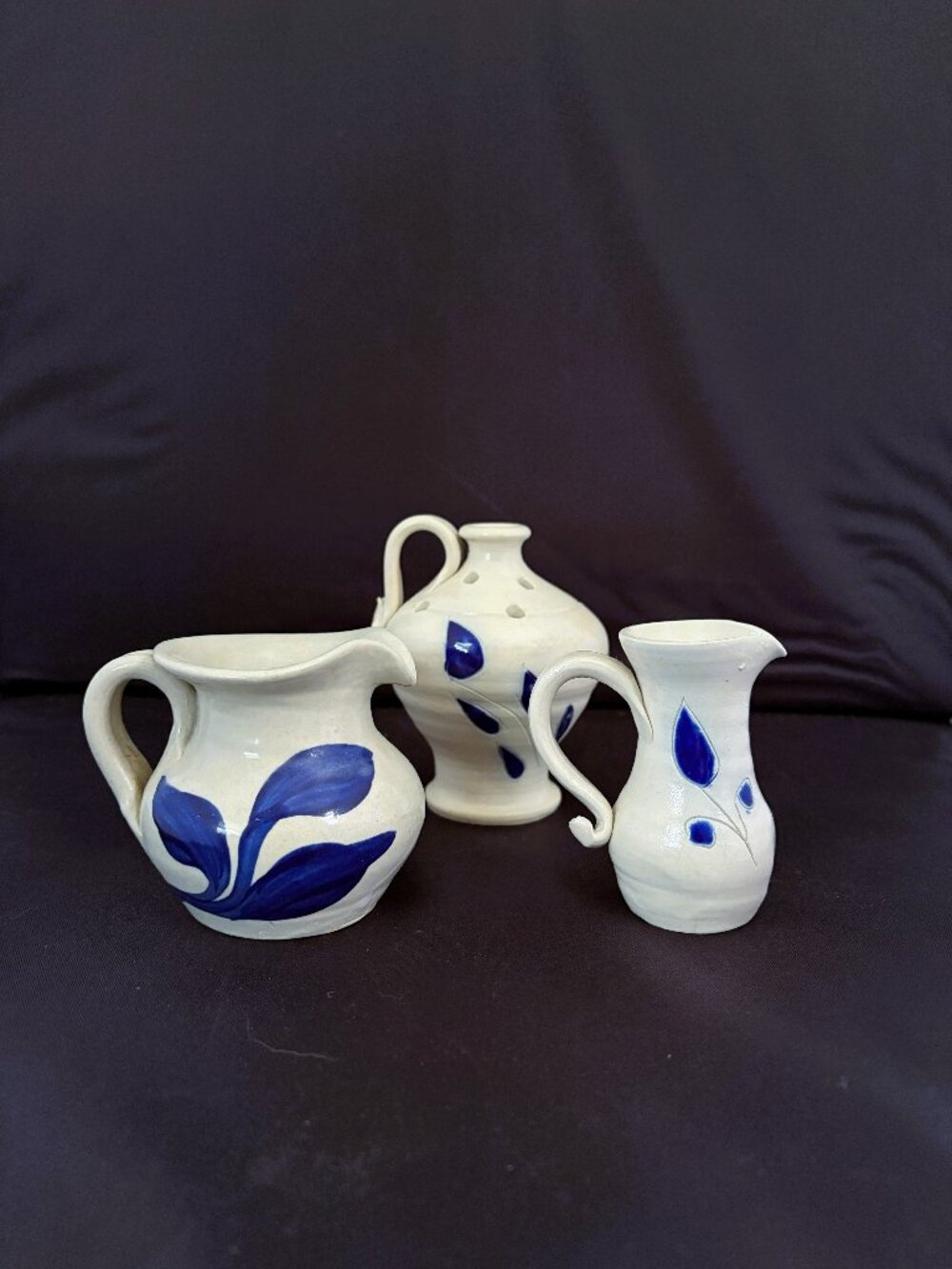 Williamsburg Pottery Small Pitchers (2) and Flower Frog Salt Glazed